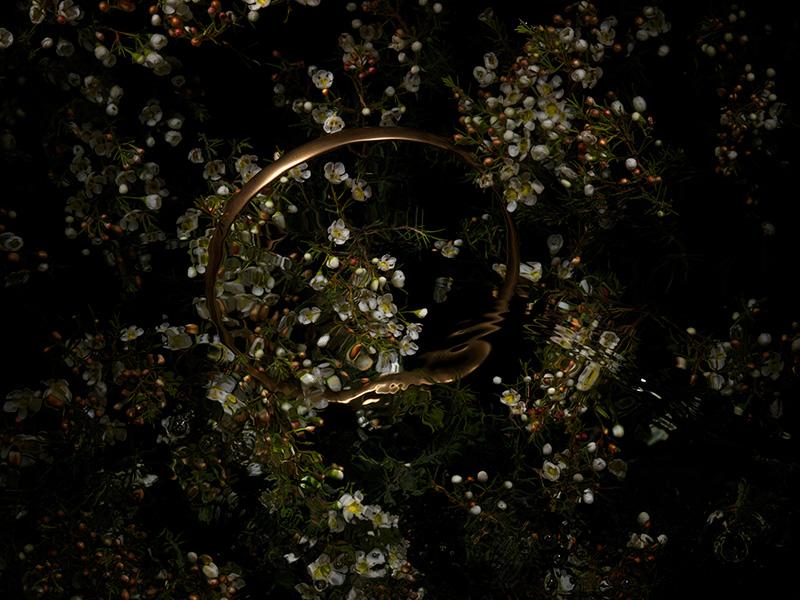 Wax Flowers and Golden Halo in a watery grave depicting the fate of Ophelia