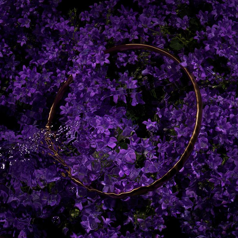 Radiant Halo VII: Golden Symbol of Unity Resting on Purple Floral Celebration